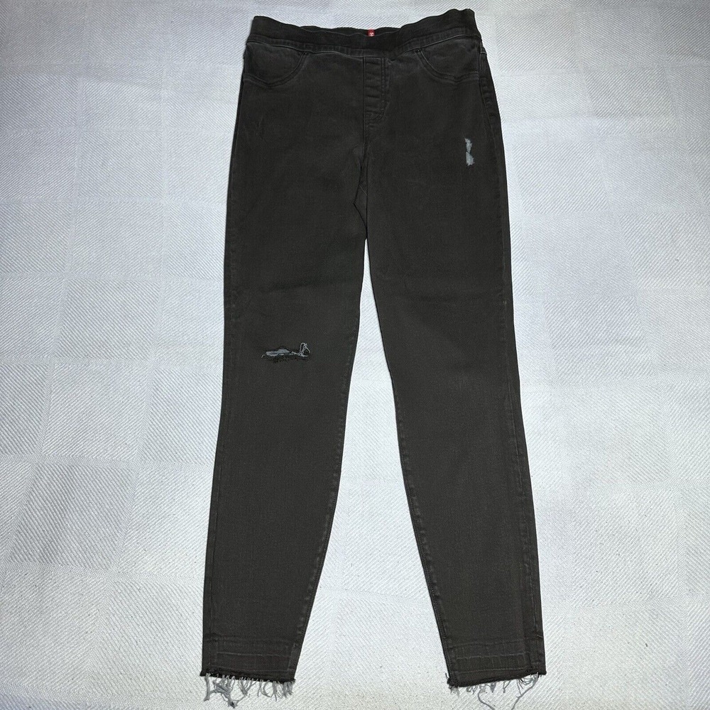 Spanx Vintage Distressed Ankle Skinny Jeans Size Large Raw Hem‎ Black Pull On